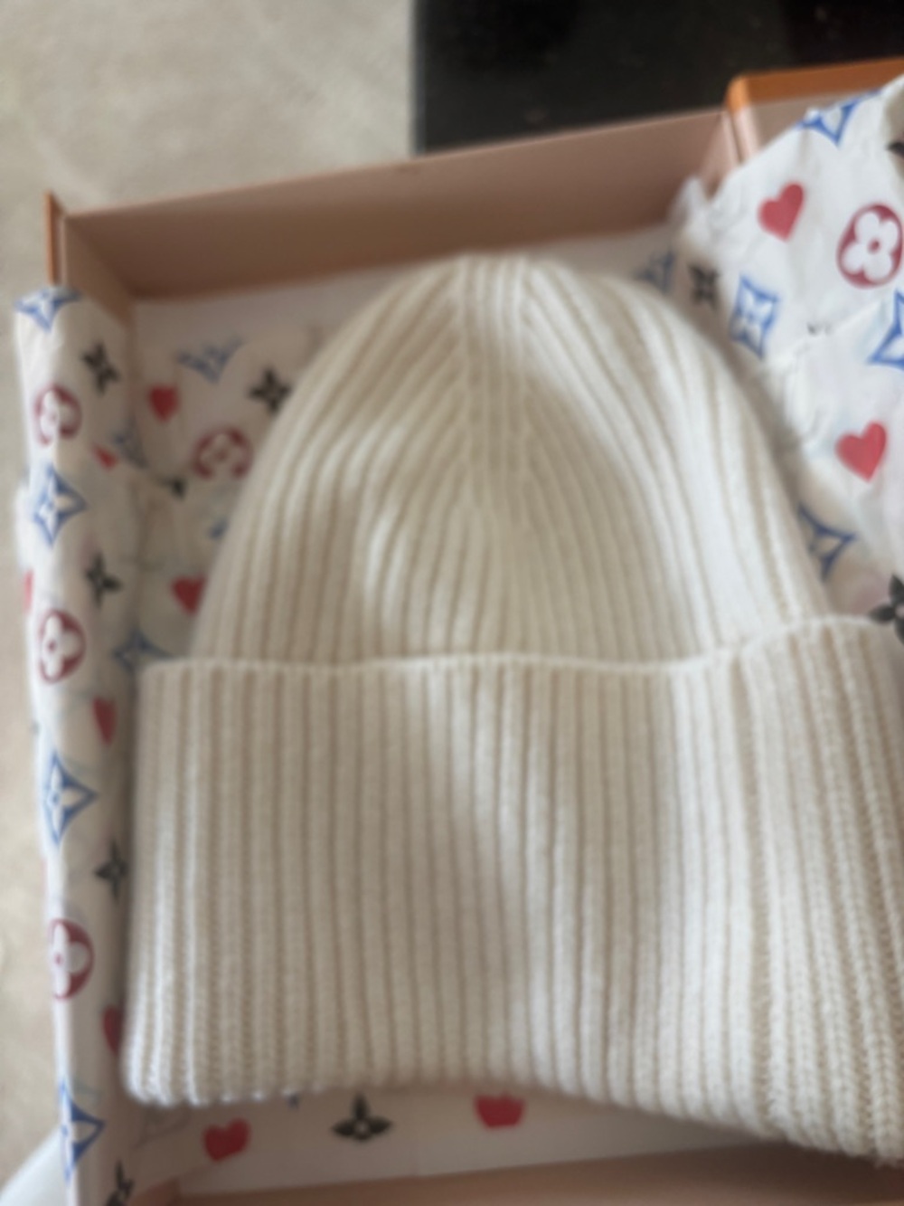 Louis Vuitton Cream Ribbed Wool Beanie with Monogram Patch - Picture 4 of 5